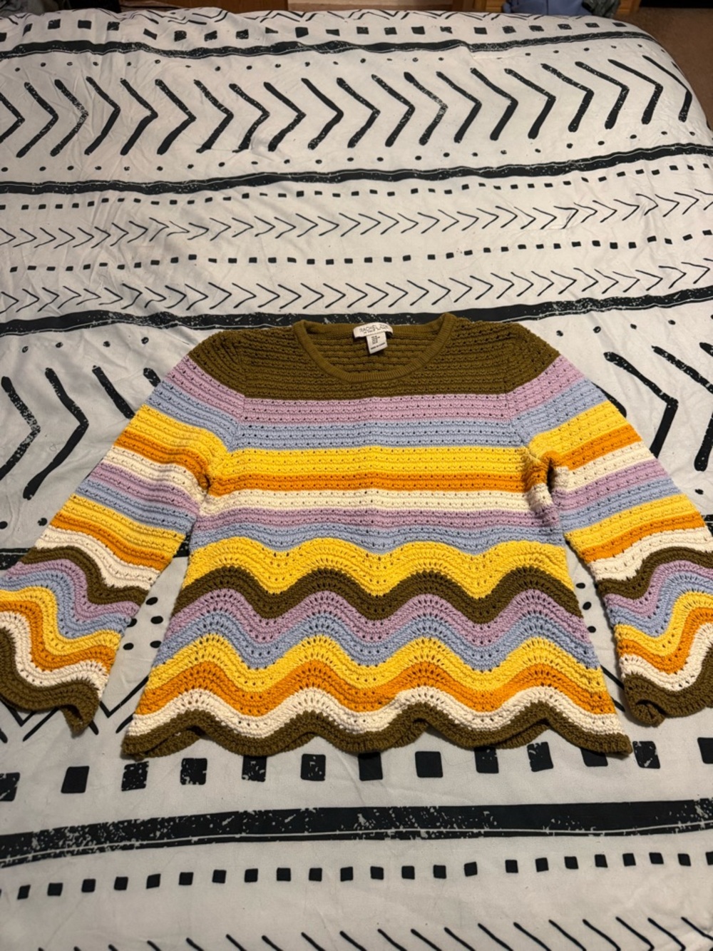 Crochet Wave Stripe Sweater in Olive, Yellow & Lavender